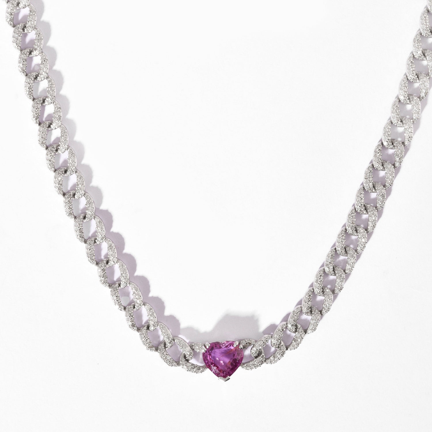 Pink Sapphire &amp; Diamond Link Chain Heart Necklace