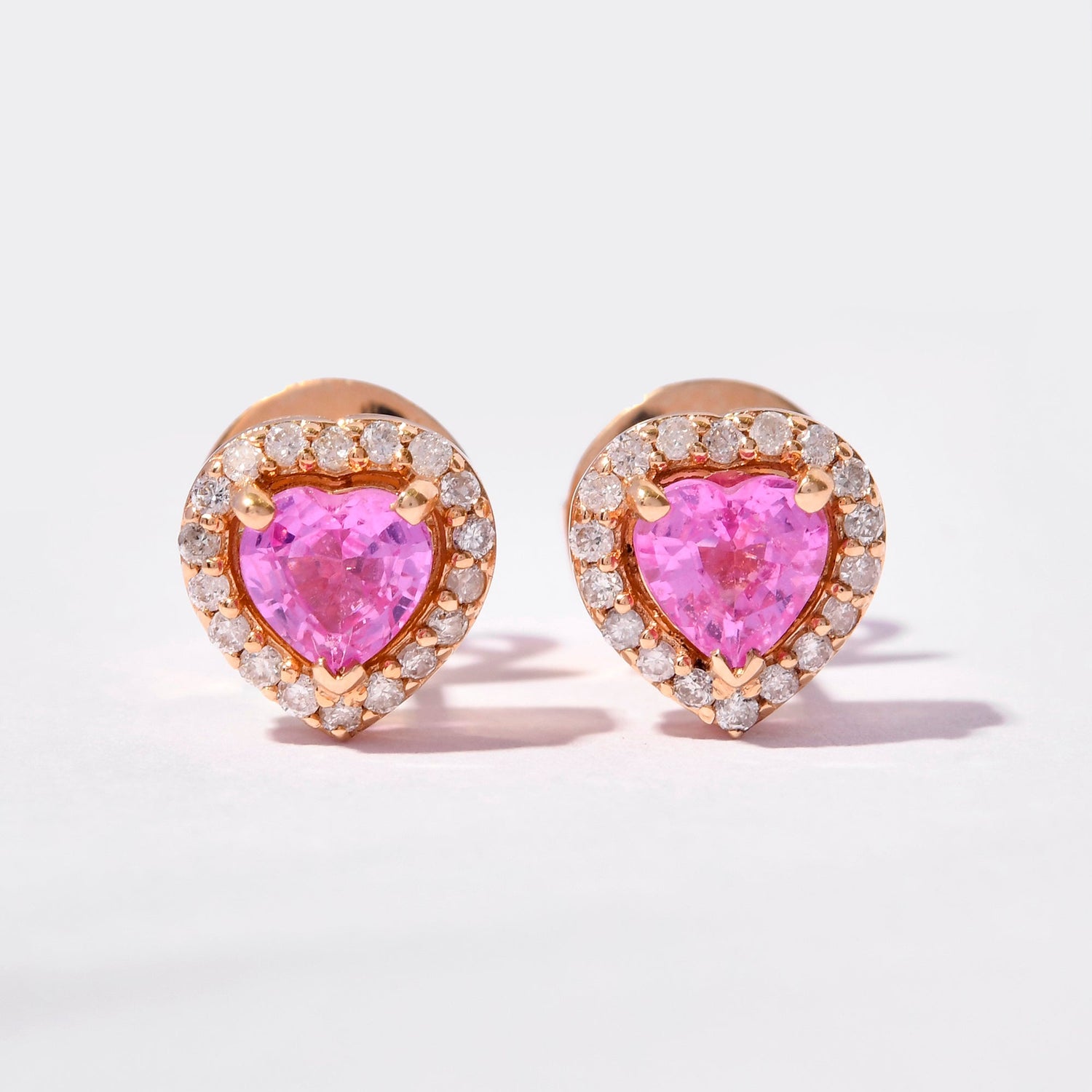 Pink Sapphire &amp; Diamond Heart Studs