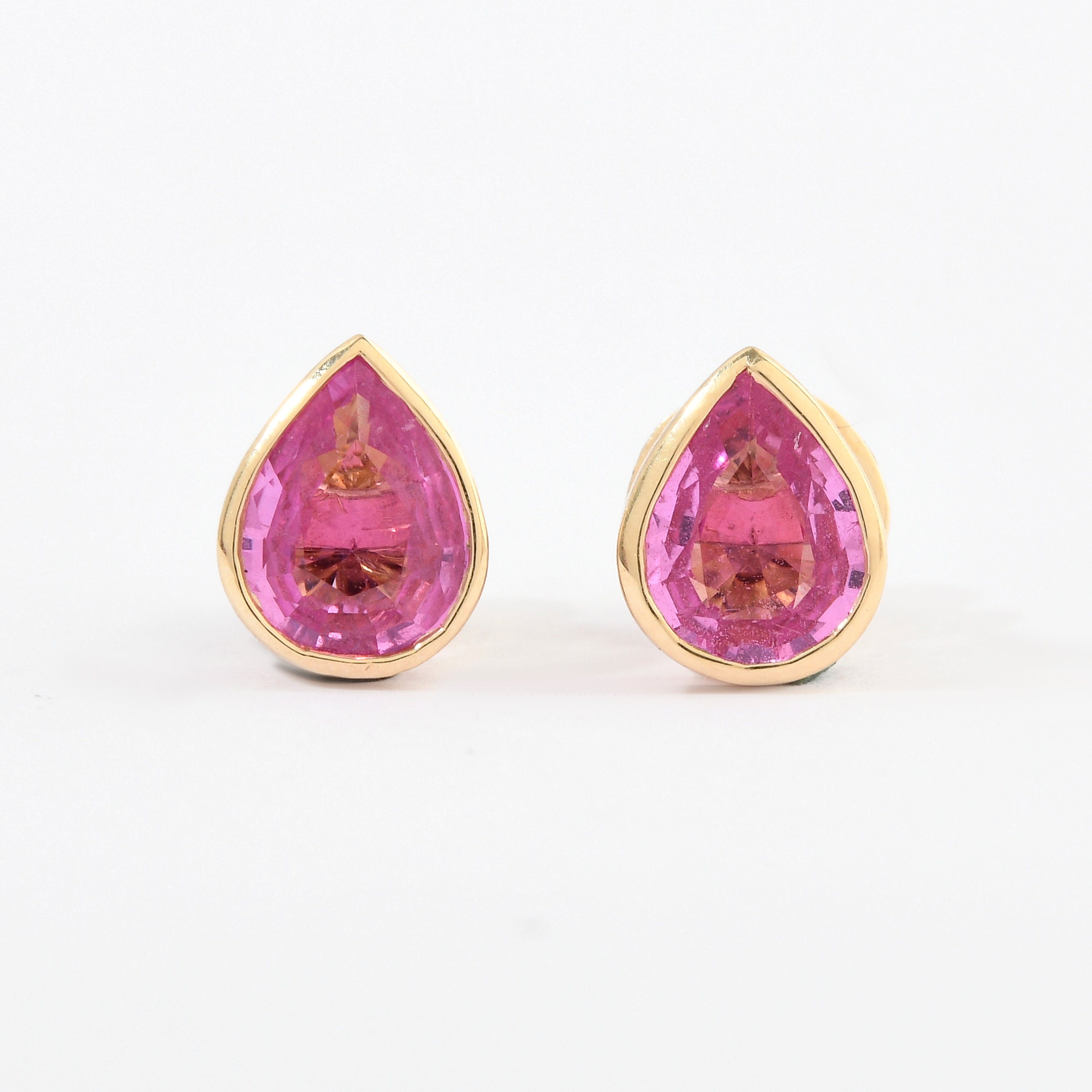 Pink Sapphire Pear Bezel Set Studs