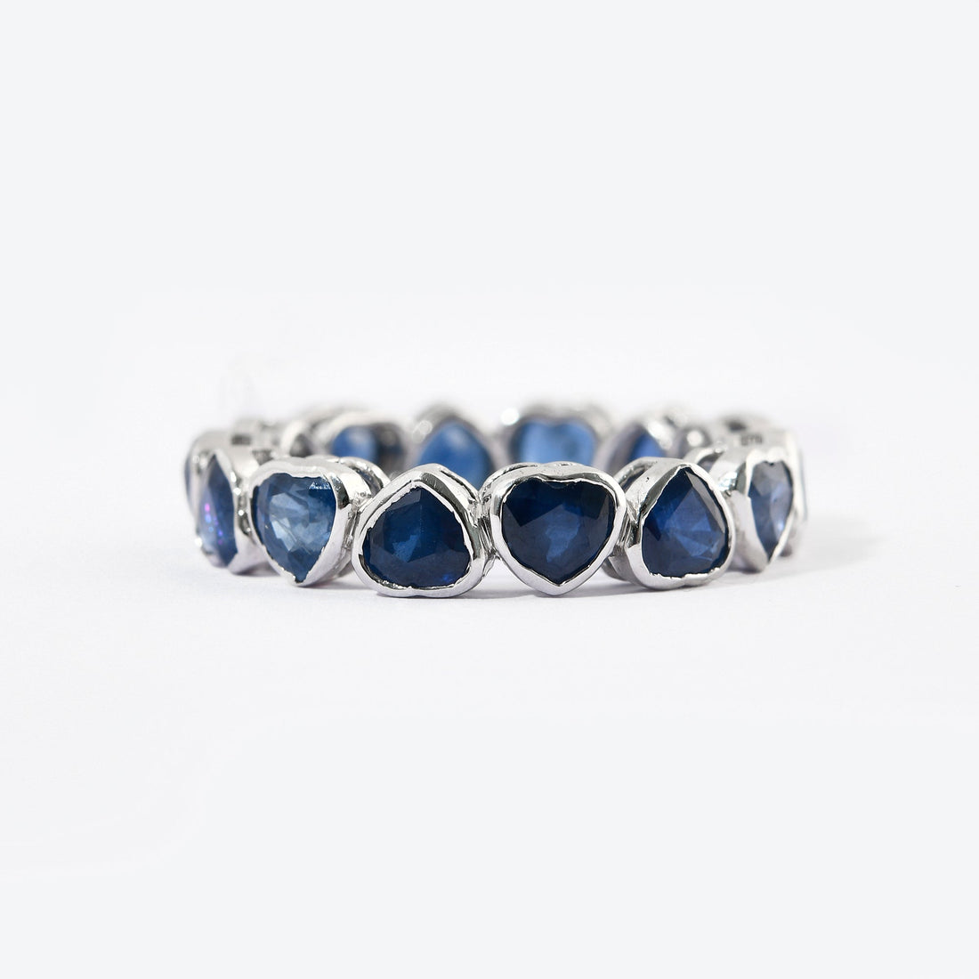 Blue Sapphire Heart Bezel Set Eternity Band