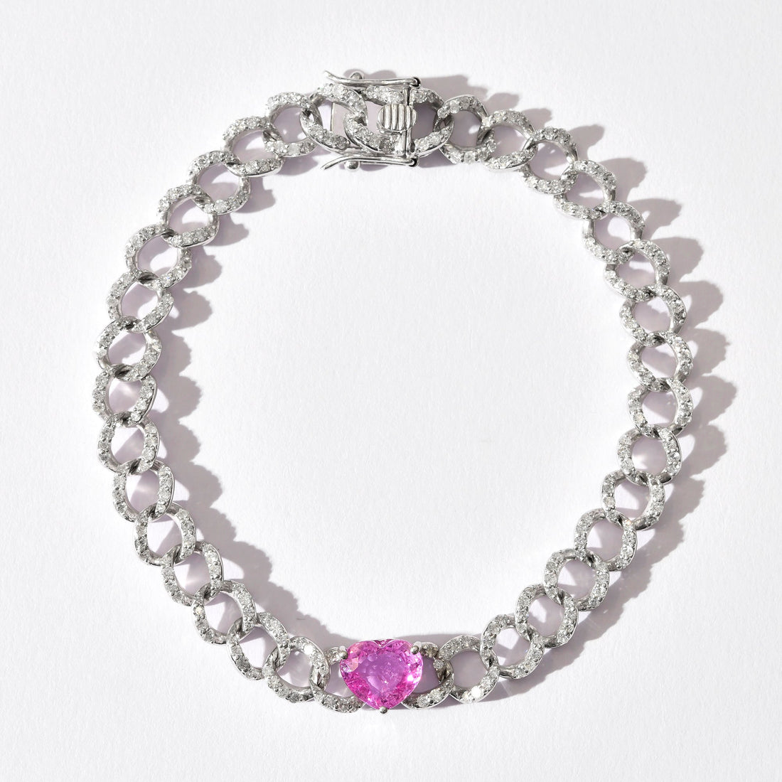 Pink Sapphire &amp; Diamond Chain Heart Bracelet