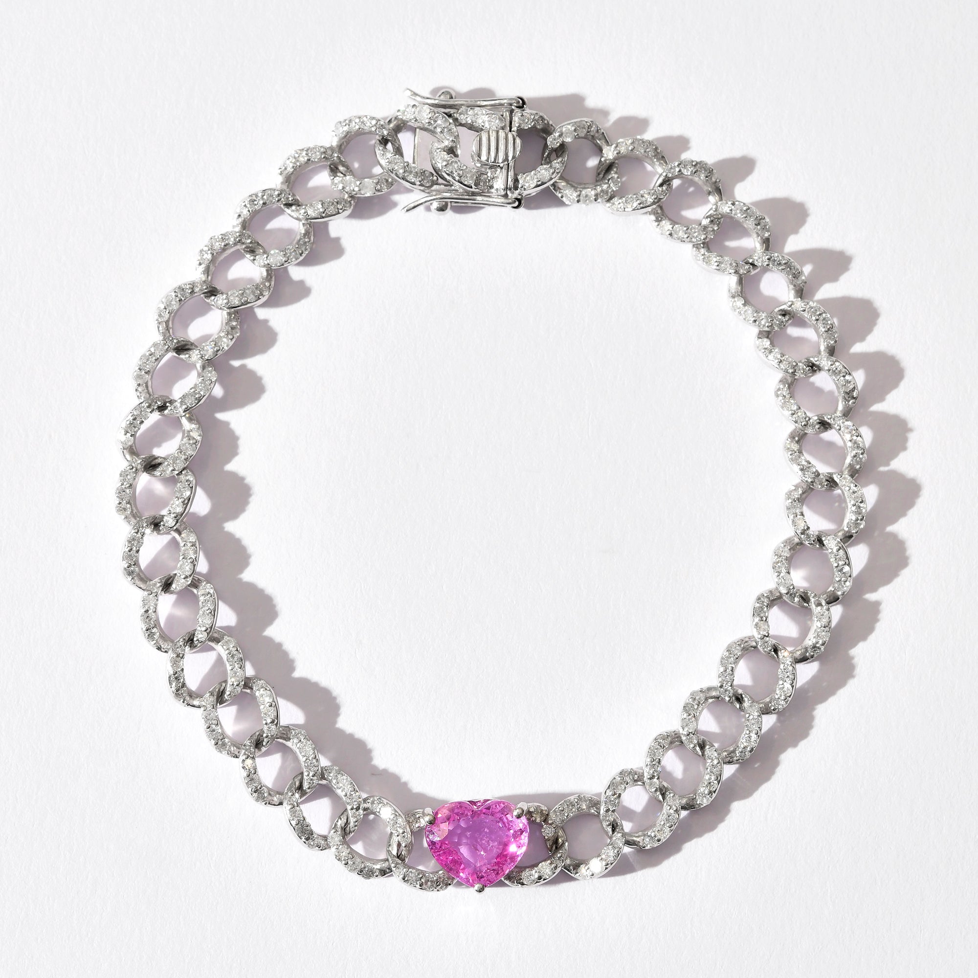 Pink Sapphire &amp; Diamond Chain Heart Bracelet