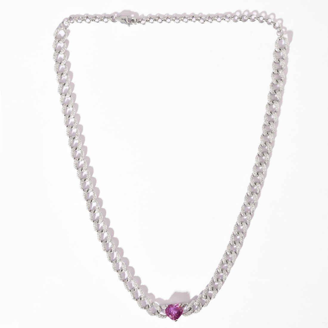 Pink Sapphire &amp; Diamond Link Chain Heart Necklace