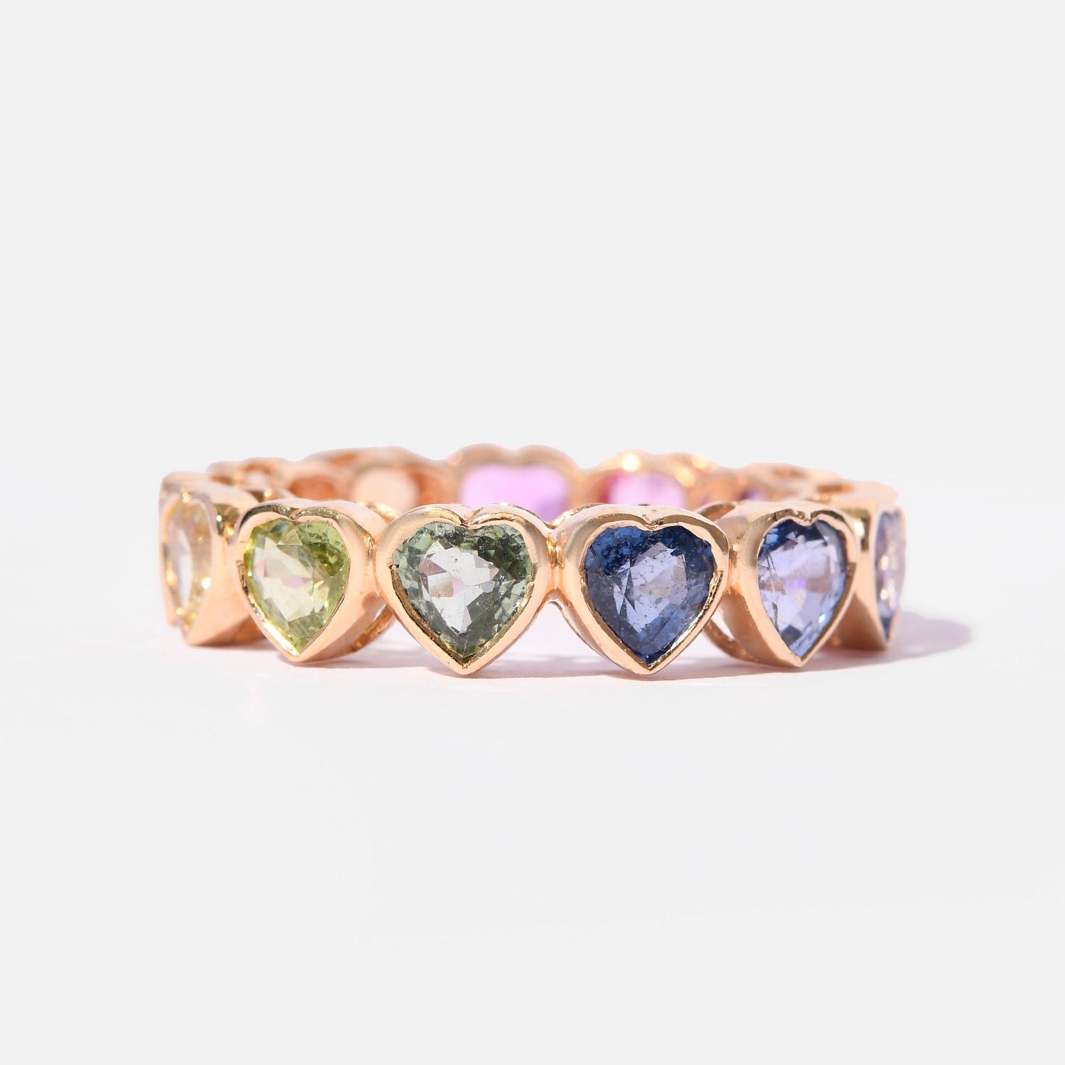 Rainbow Sapphire Heart Bezel Set Eternity Band