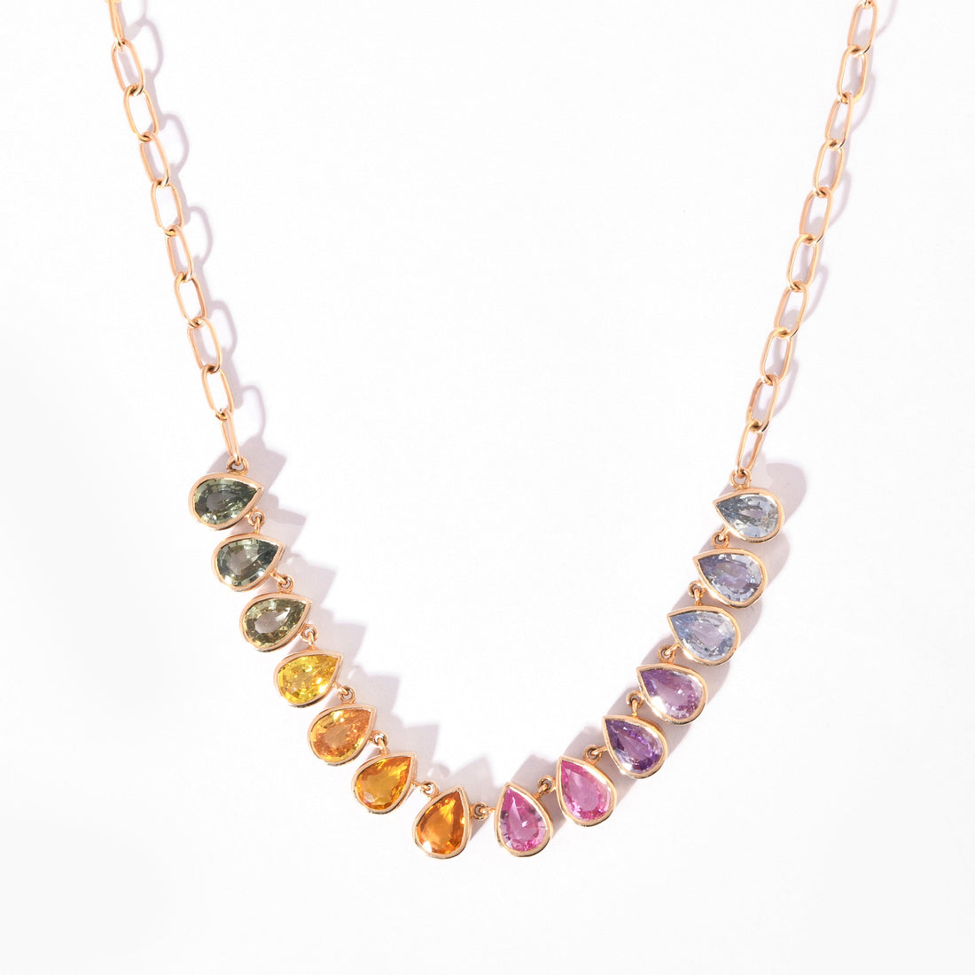 Rainbow Sapphire Chain Pear Bezel Set Necklace