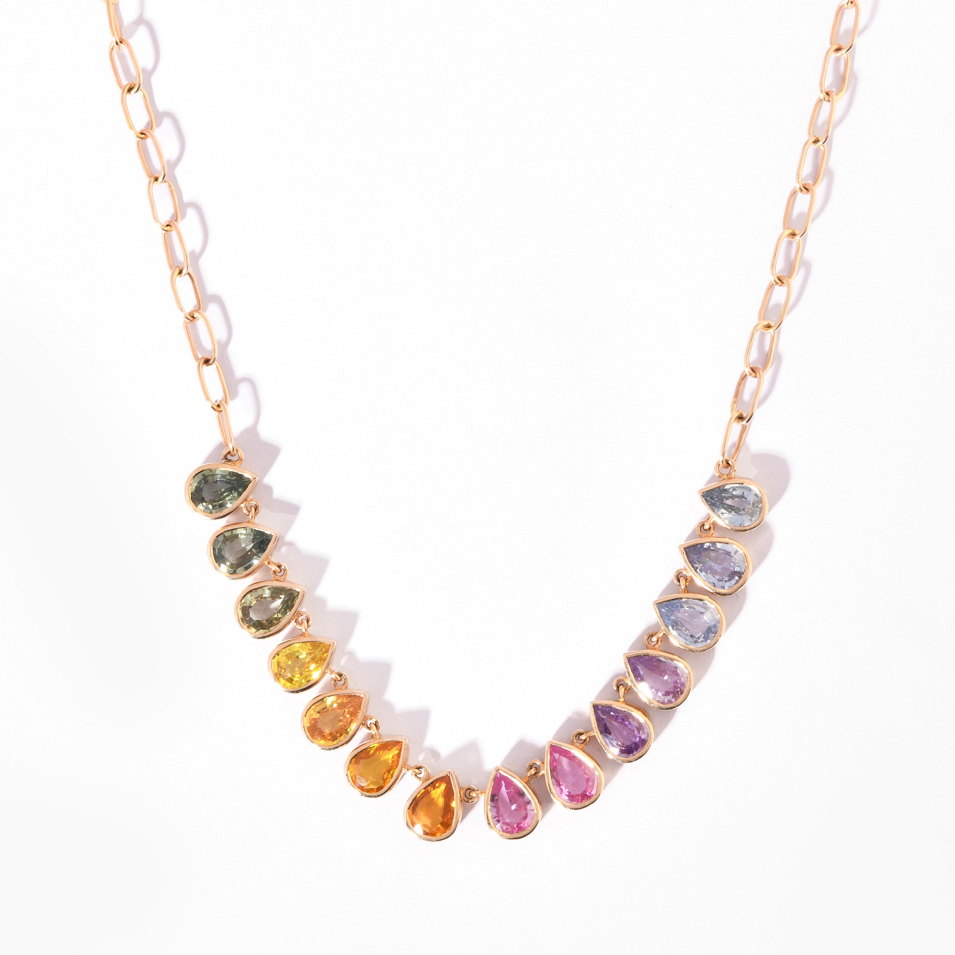 Rainbow Sapphire Chain Pear Bezel Set Necklace