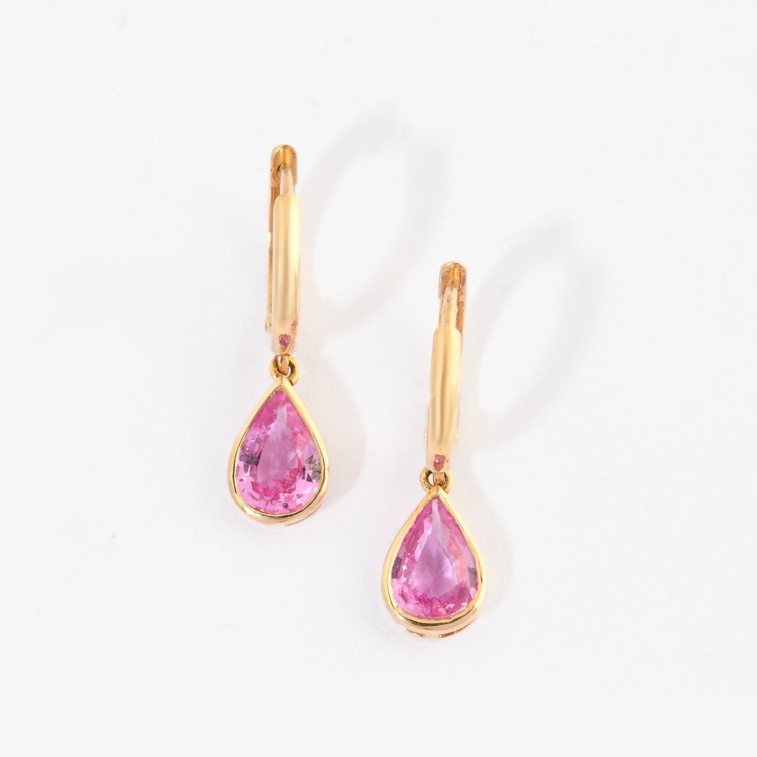 Pink Sapphire Pear Bezel Set Hoop Earrings