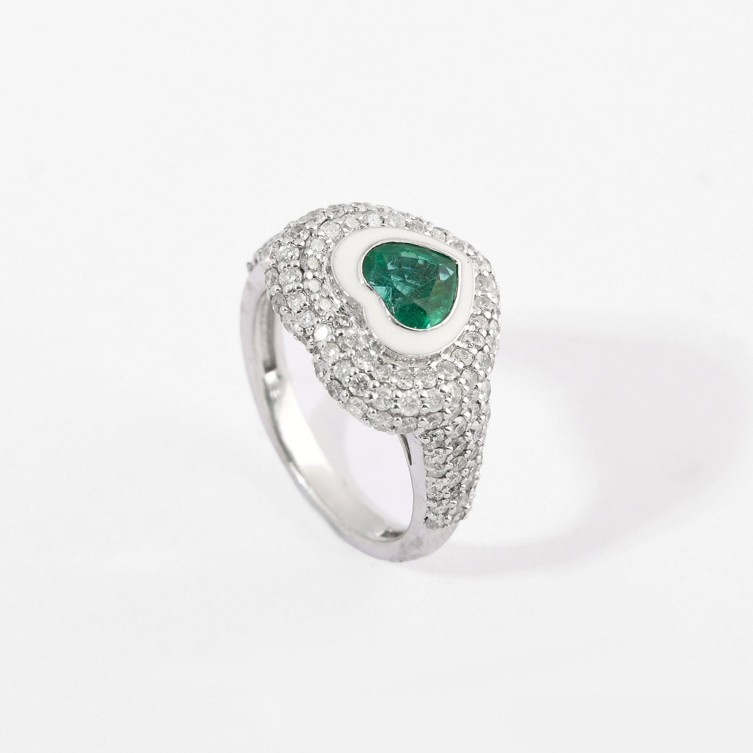 Emerald &amp; Diamond Pinky Heart Pave Enamel Ring