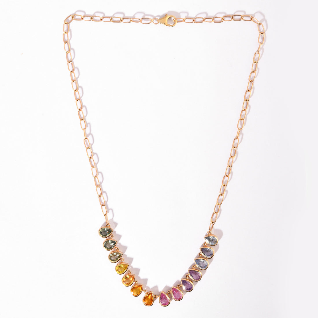 Rainbow Sapphire Chain Pear Bezel Set Necklace