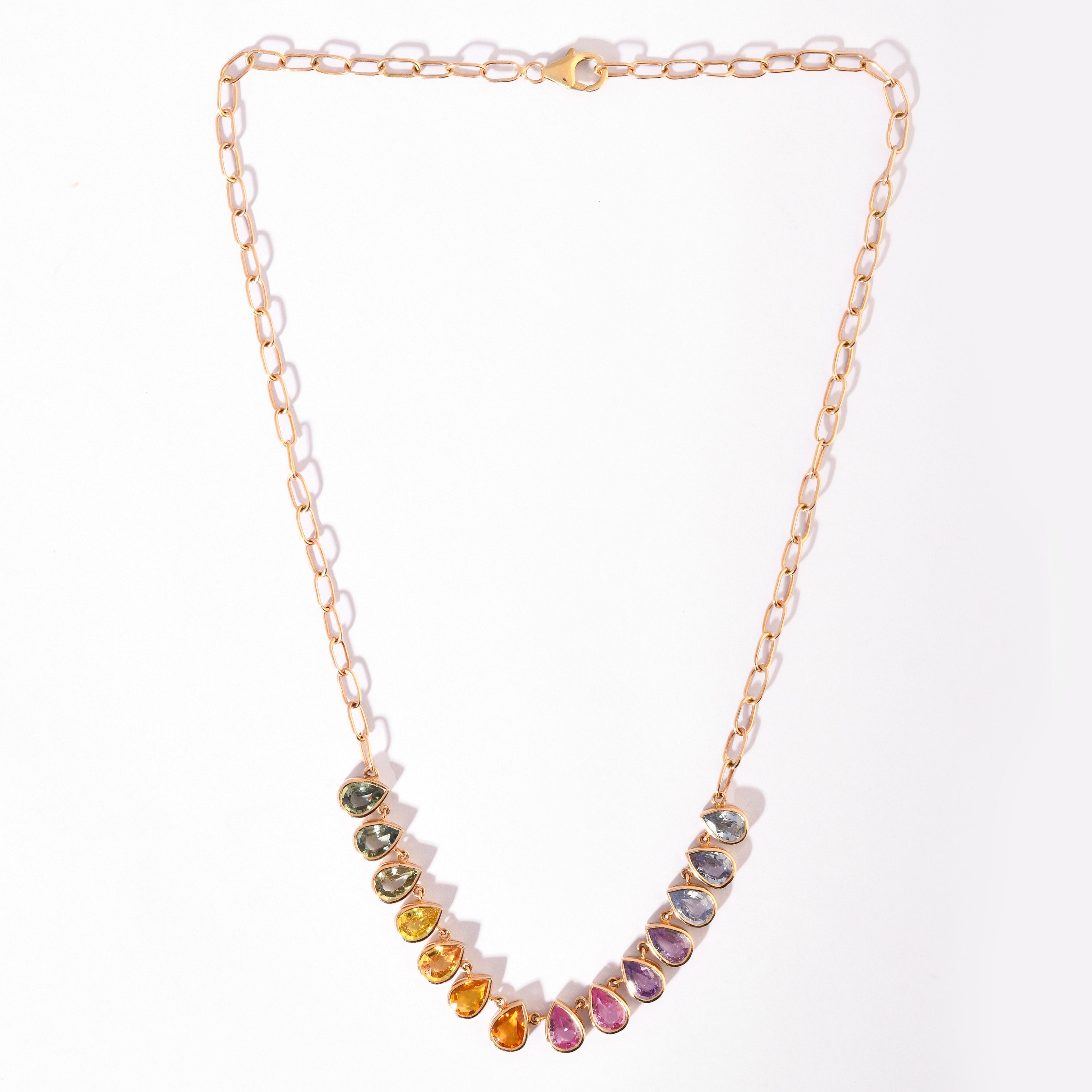 Rainbow Sapphire Chain Pear Bezel Set Necklace