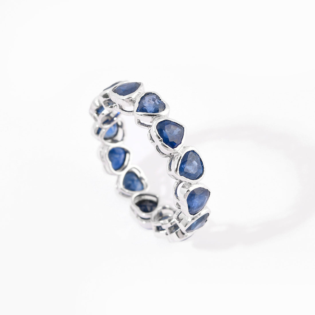 Blue Sapphire Heart Bezel Set Eternity Band