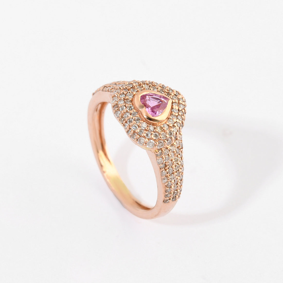 Pink Sapphire &amp; Diamond Pinky Heart Pave Bezel Set Ring