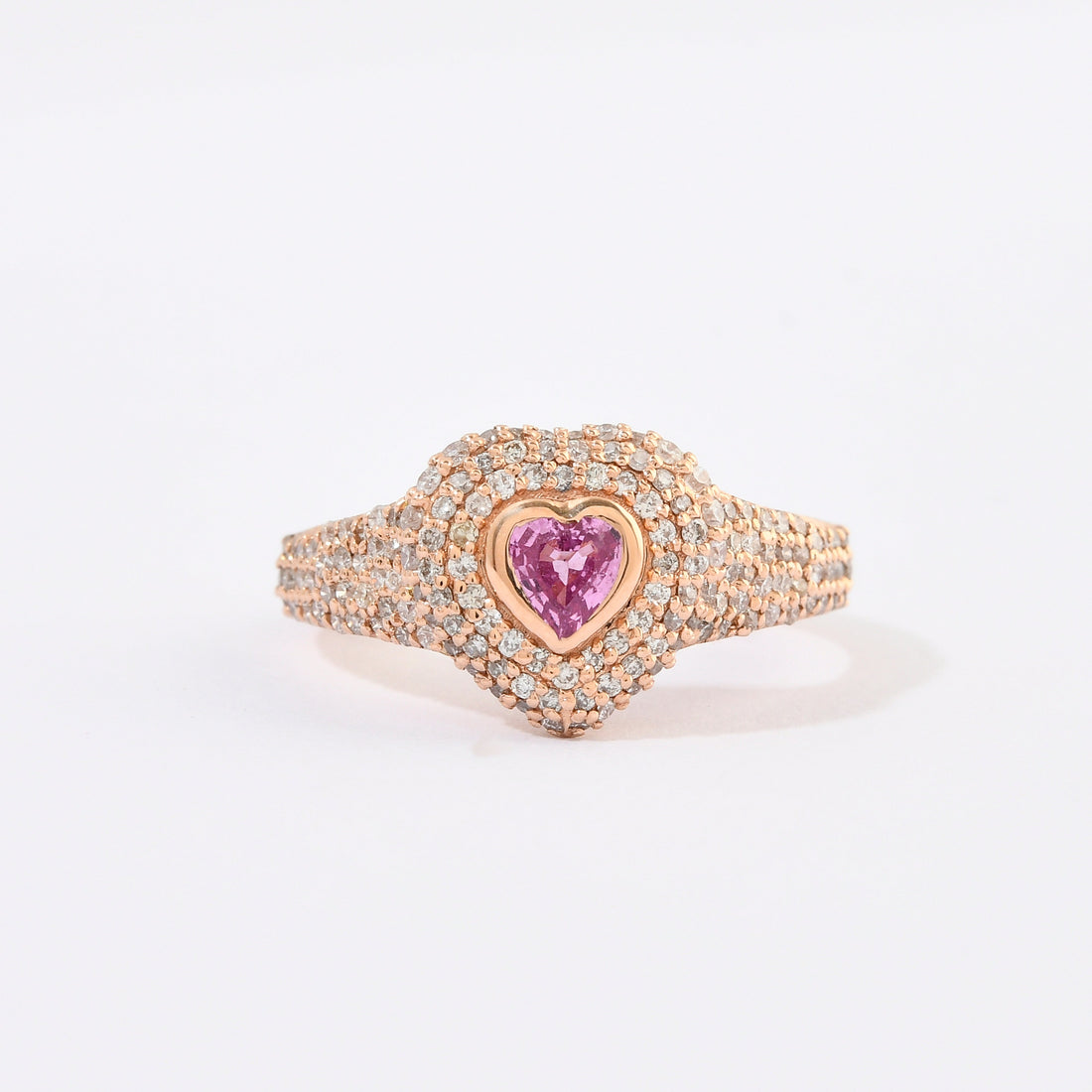 Pink Sapphire &amp; Diamond Pinky Heart Pave Bezel Set Ring