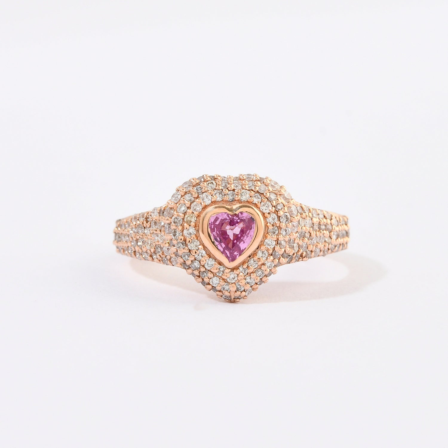 Pink Sapphire &amp; Diamond Pinky Heart Pave Bezel Set Ring