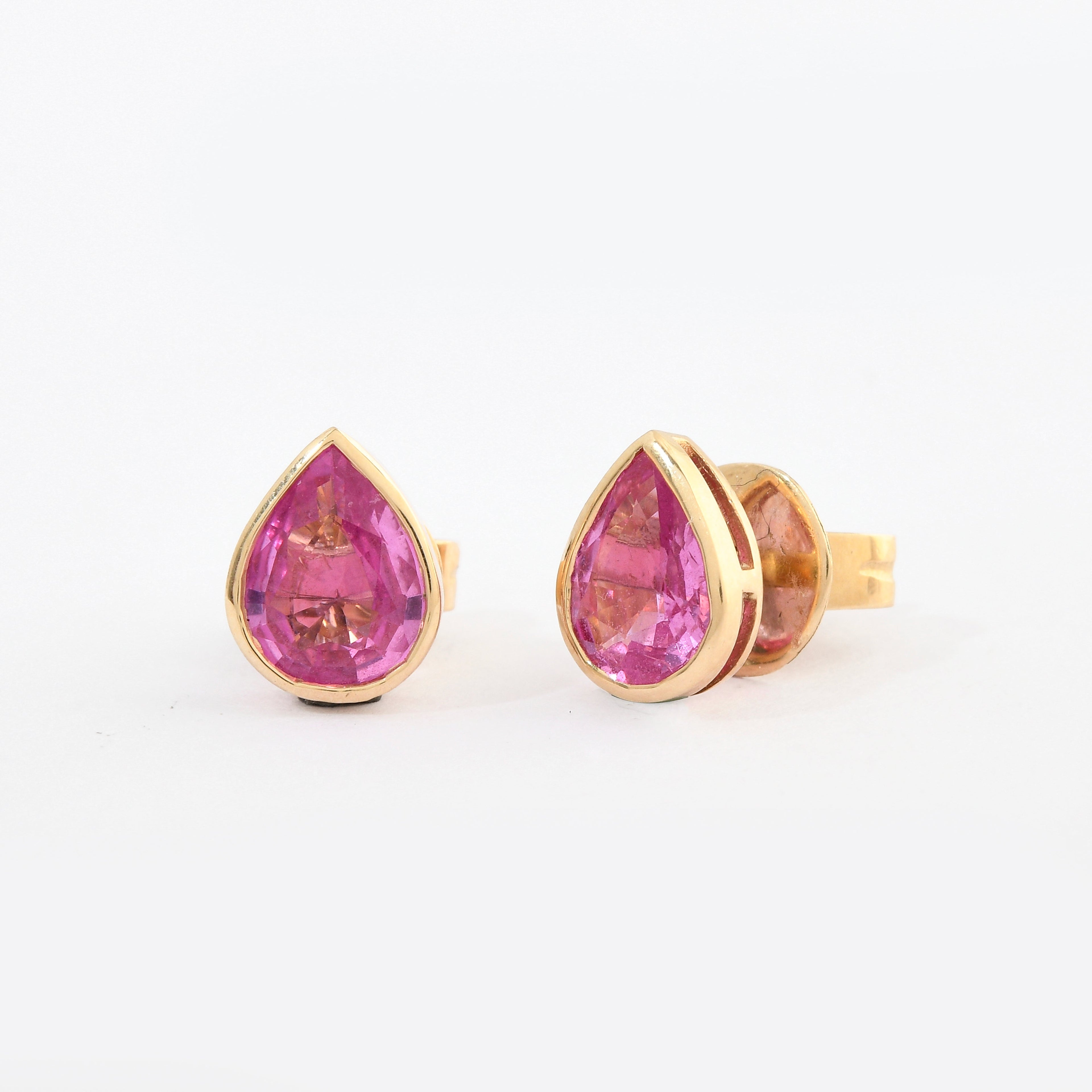 Pink Sapphire Pear Bezel Set Studs