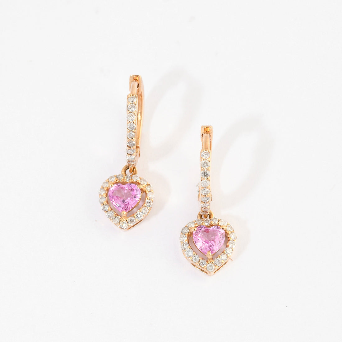 Pink Sapphire &amp; Diamond Hoop Heart Earrings