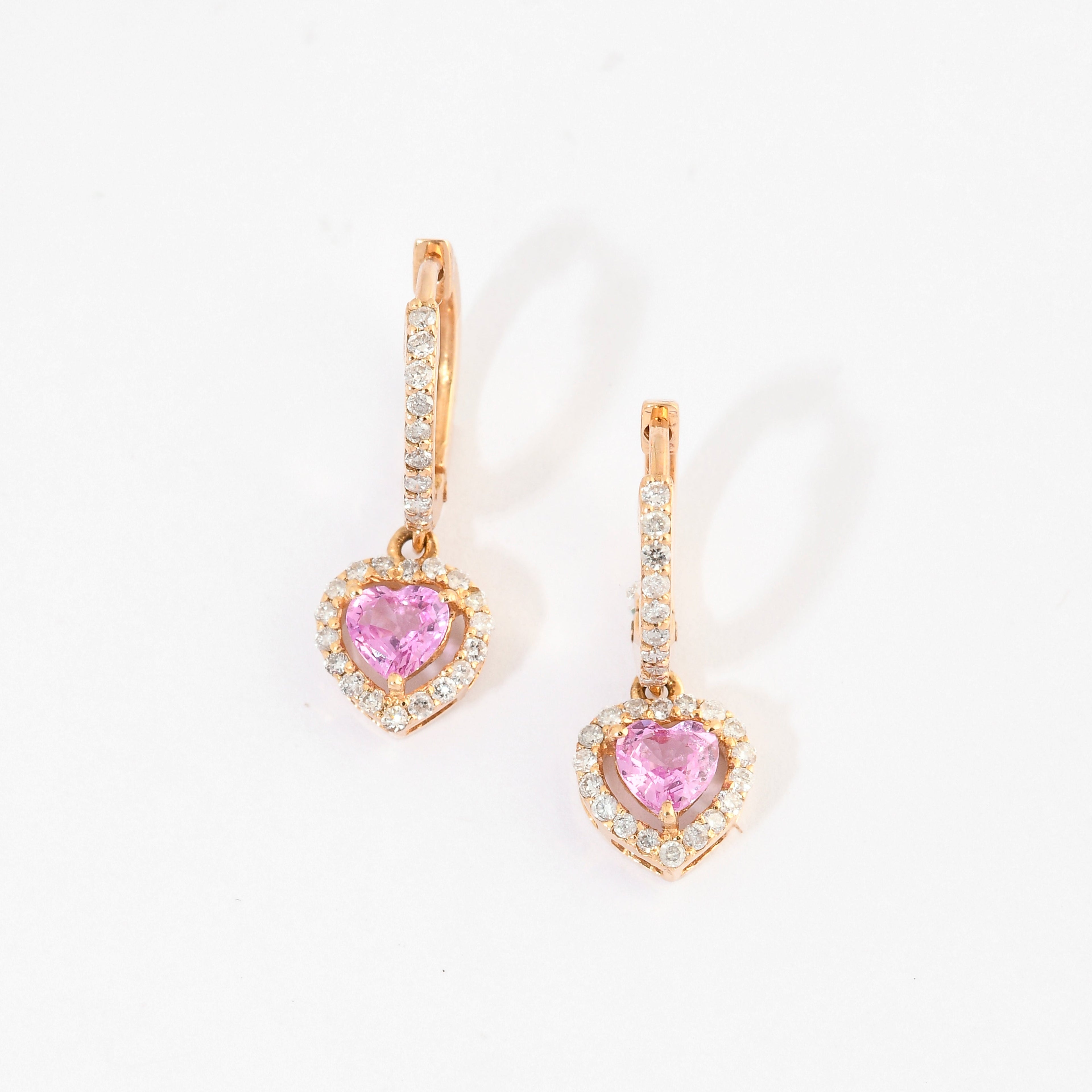 Pink Sapphire &amp; Diamond Hoop Heart Earrings