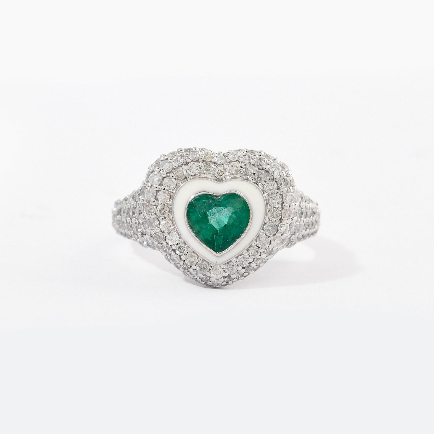 Emerald &amp; Diamond Pinky Heart Pave Enamel Ring