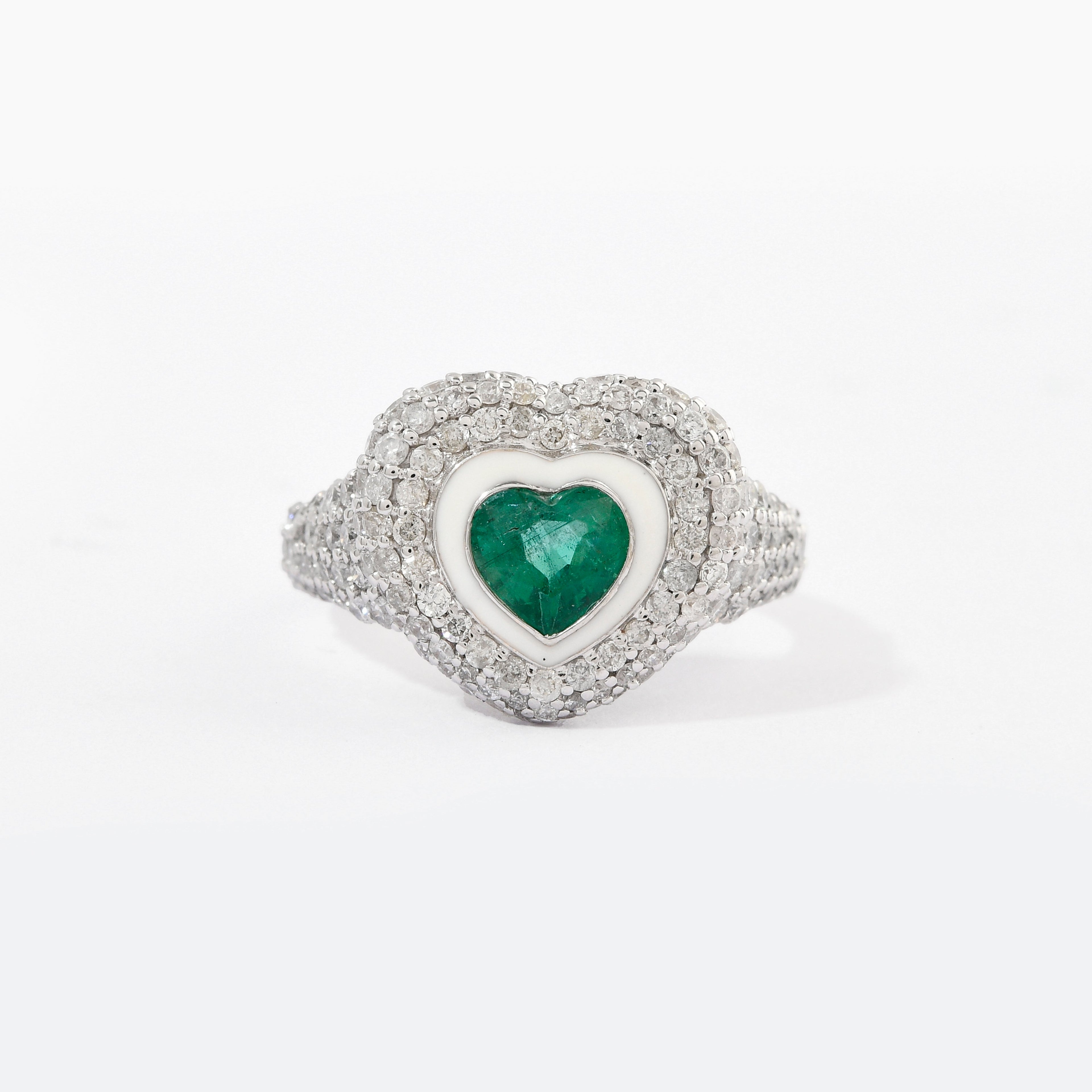 Emerald &amp; Diamond Pinky Heart Pave Enamel Ring