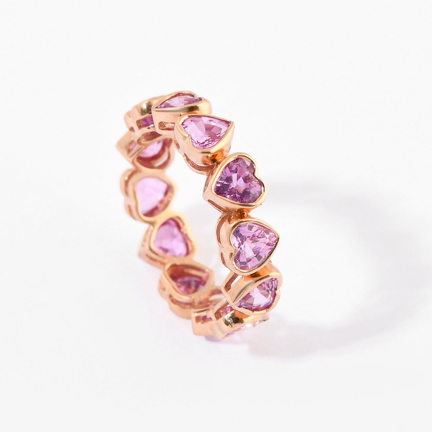 Pink Sapphire Heart Bezel Set Eternity Band