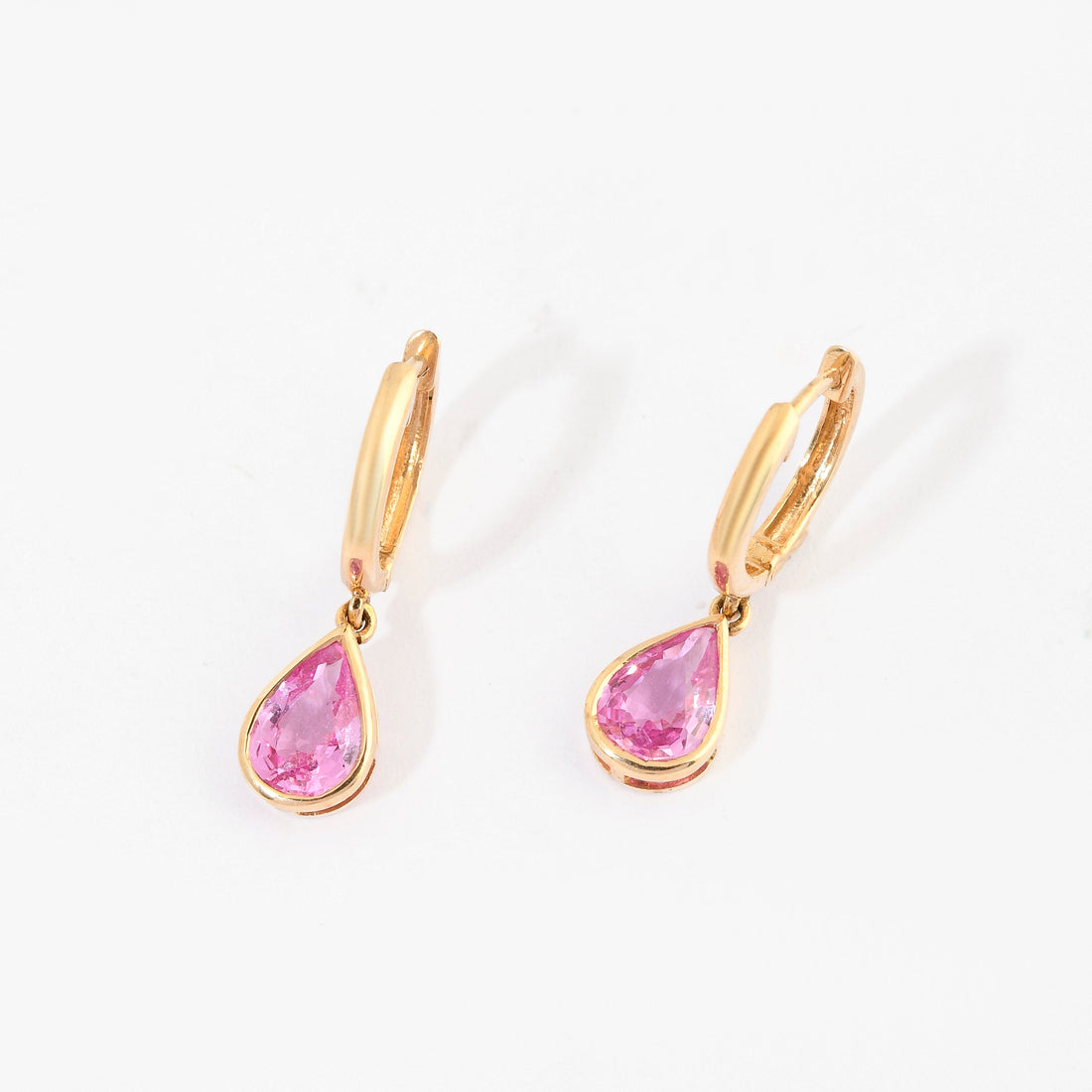 Pink Sapphire Pear Bezel Set Hoop Earrings