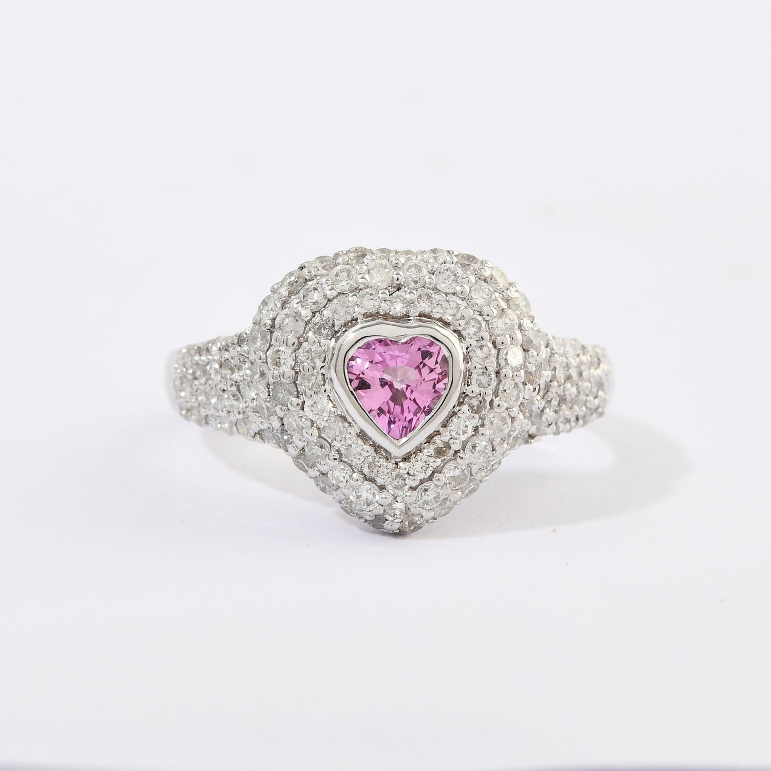 Pink Sapphire &amp; Diamonds Pinky Heart Pave Ring