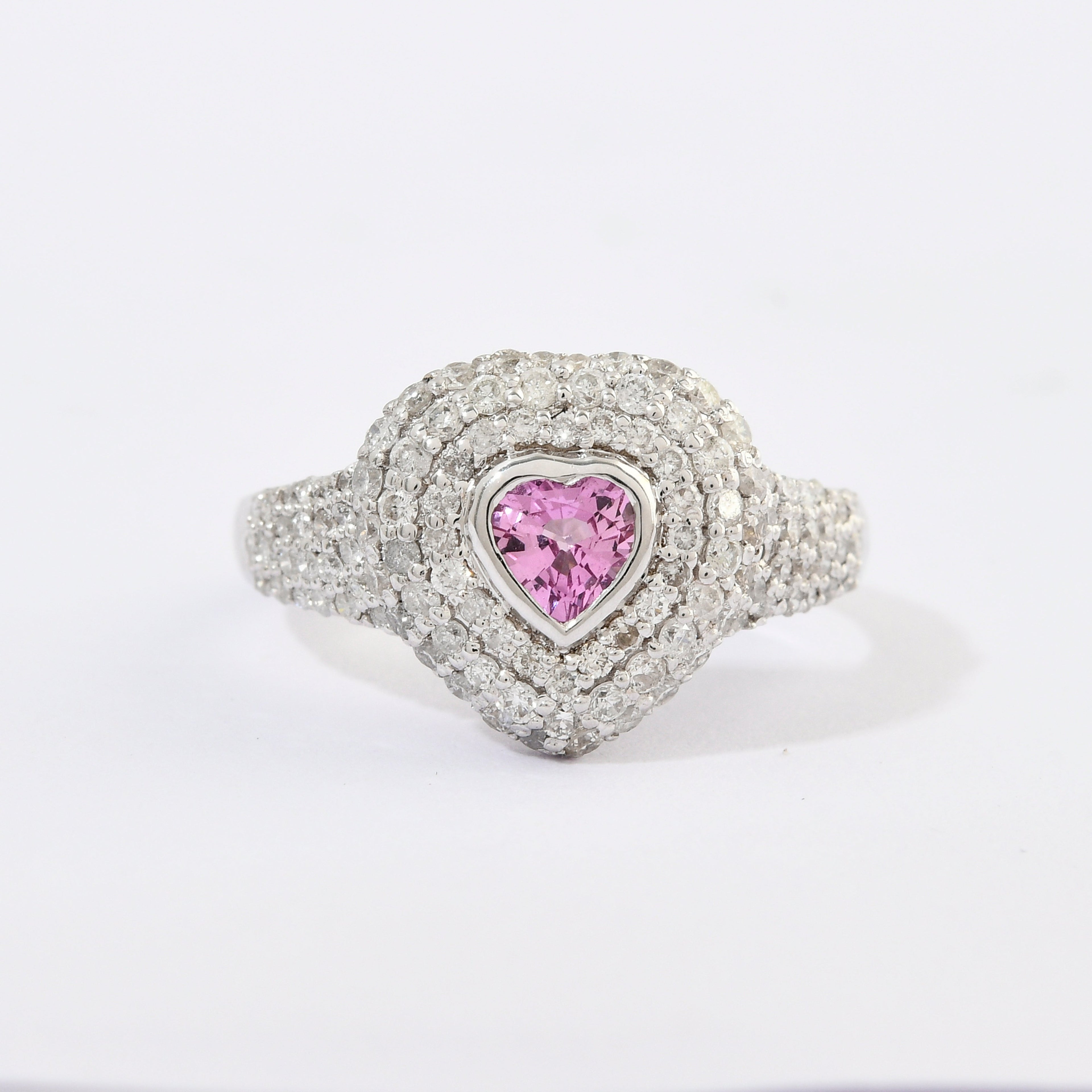 Pink Sapphire &amp; Diamonds Pinky Heart Pave Ring