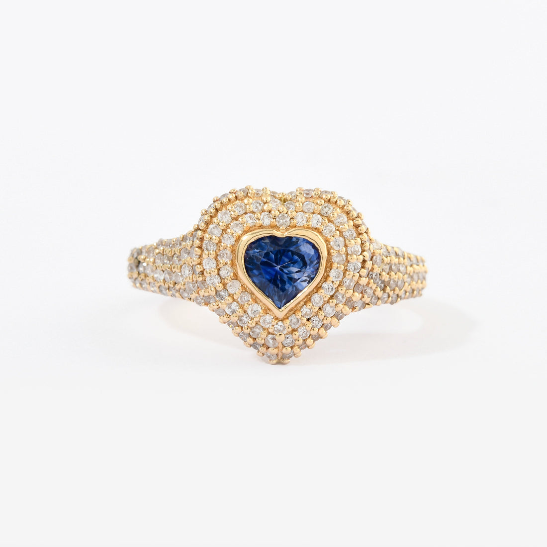 Blue Sapphire &amp; Diamond Pinky Heart Pave Ring